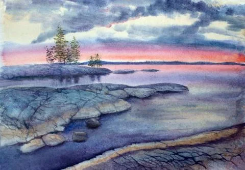 Sunset on a stone island Stock Illustration