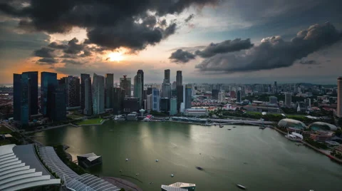 Sunset stormy sky bird view 4k time lapse from singapore city roof top Stock Footage 46551455
