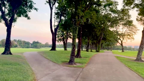 Sunset Stroll on Golf Course Path Stockbeeldmateriaal 308995154