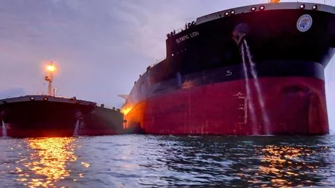 Sunset STS operation MT. Olympic Lion and MT. Delta Eurydice at Nipa Anchorage. Stock Photos