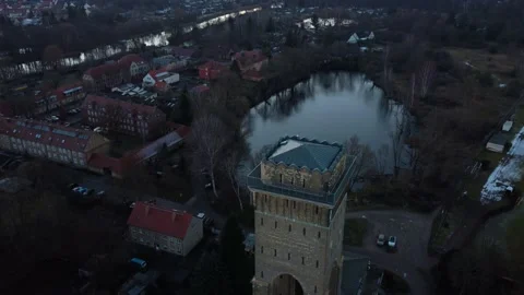 Sunset in the suburbs of Germany. Drone. River in the city. Boats in the water. Stock Footage 231785431