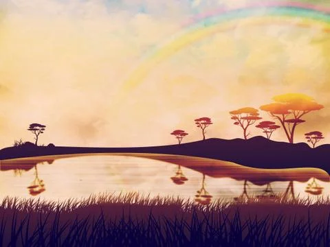 Sunset Summer Landscape Stock Illustration