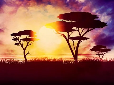 Sunset Summer Landscape Illustrazione stock