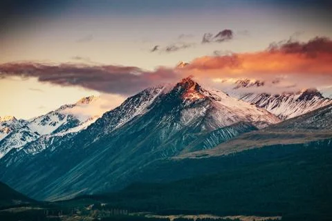 Sunset on the Summit of Mt. Cook and La Perouse in New Zealand Stock Photos