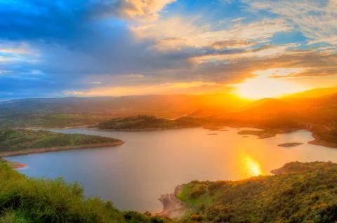 Sunset sun forest lake Stock Photos