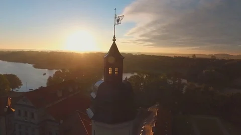 Sunset sun light mir castle complex tower top aerial panorama 4k belarus Stock Footage