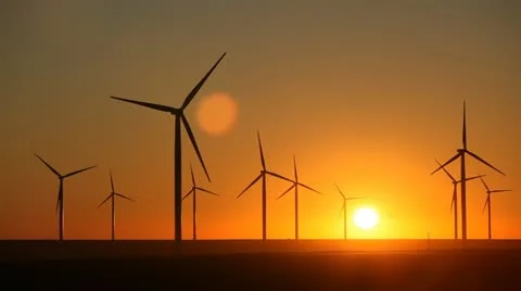 Sunset, Sun Set, Clean and Renewable Energy, Wind Power, Turbine, Windmill Video stock 12518857