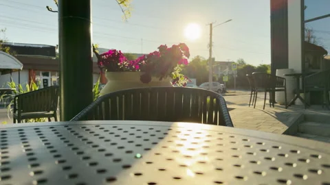 Sunset Sunlight Illuminates Cafe Table and Flowers in Outdoor Setting Stock Footage 336877376