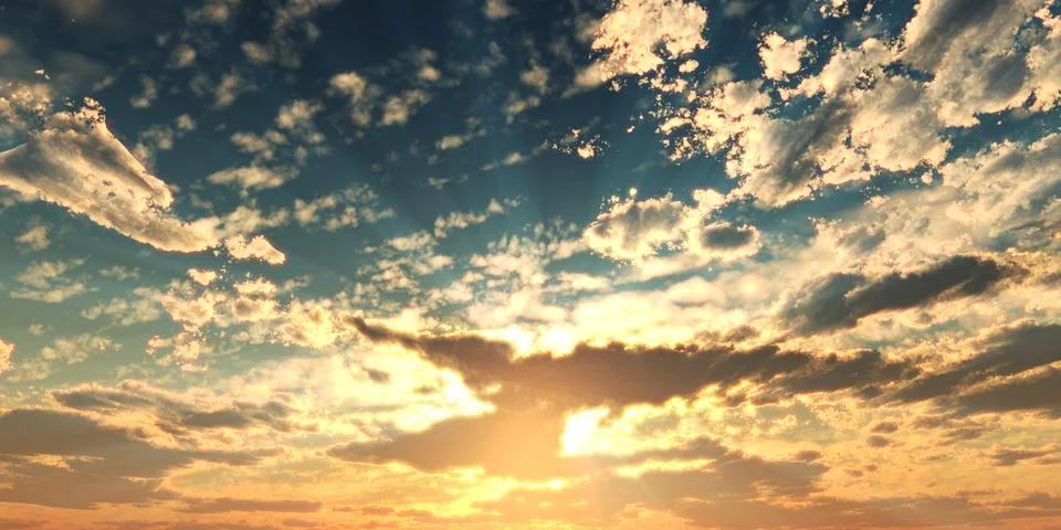 Sunset / sunrise with clouds, light rays and other atmospheric effect, 3d ill Stock Illustration