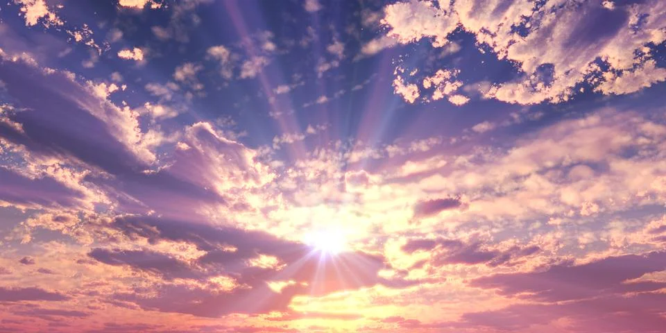 Sunset / sunrise with clouds, light rays and other atmospheric effect, 3d ill Stock Illustration