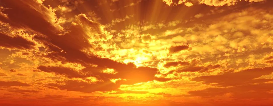 Sunset / sunrise with clouds, light rays and other atmospheric effect, 3d ill Illustrazione stock