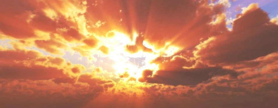 Sunset / sunrise with clouds, light rays and other atmospheric effect, 3d ill Stock Illustration