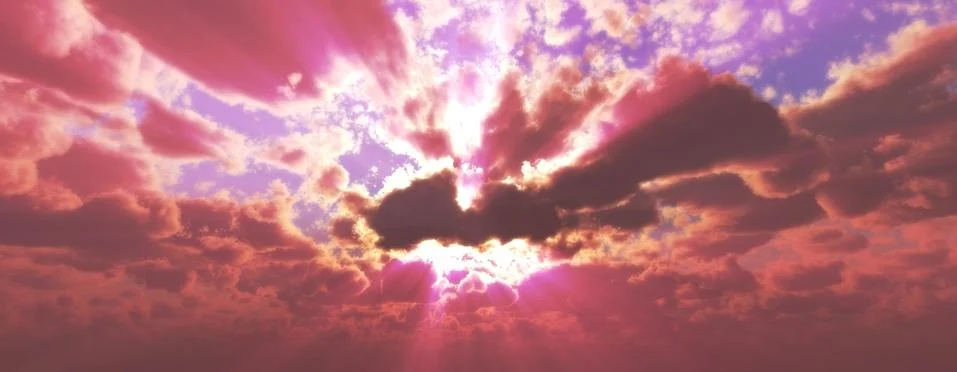 Sunset / sunrise with clouds, light rays and other atmospheric effect, 3d ill 스톡 일러스트