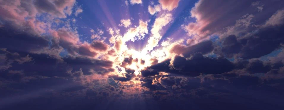 Sunset / sunrise with clouds, light rays and other atmospheric effect, 3d ill Stock Illustration