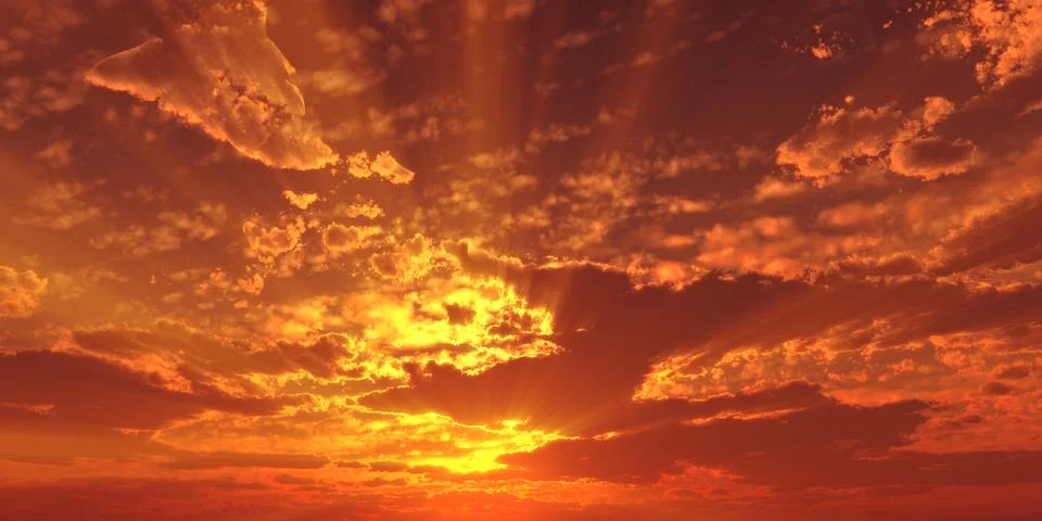 Sunset / sunrise with clouds, light rays and other atmospheric effect, 3d ill Stock Illustration