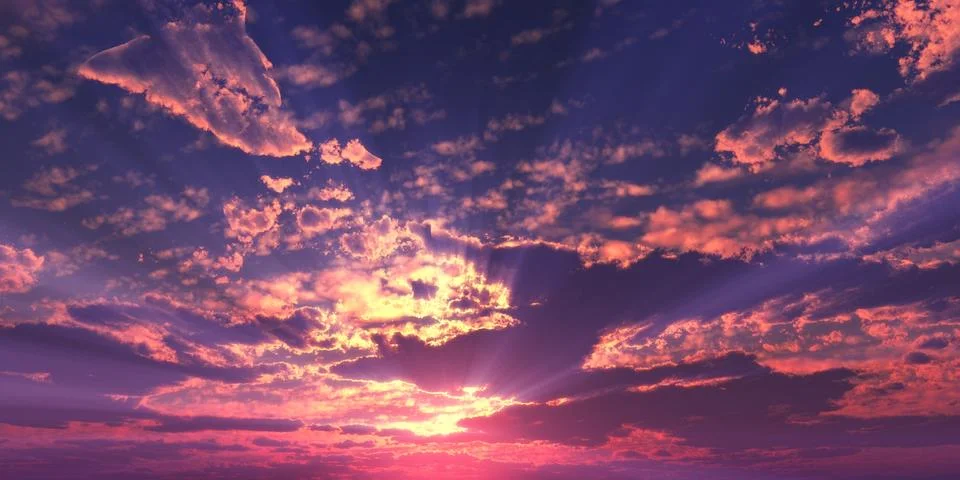 Sunset / sunrise with clouds, light rays and other atmospheric effect, 3d ill イラスト素材