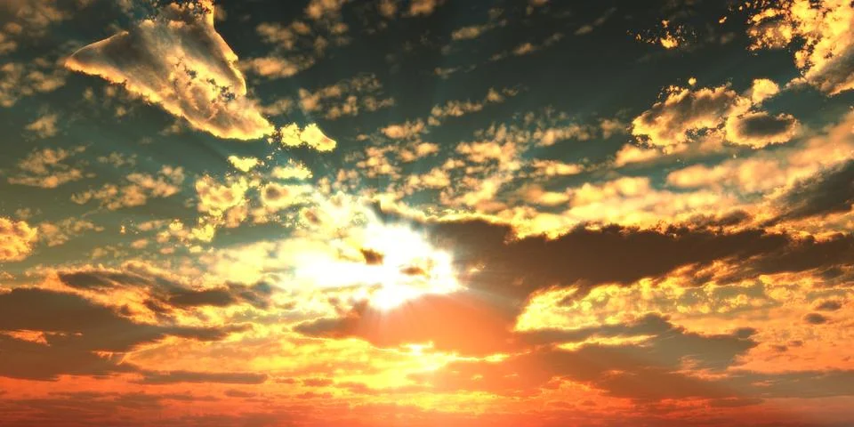 Sunset / sunrise with clouds, light rays and other atmospheric effect, 3d ill Illustrazione stock