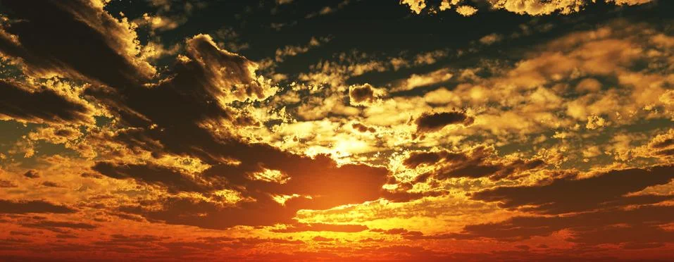 Sunset / sunrise with clouds, light rays and other atmospheric effect, 3d ill Stock Illustration