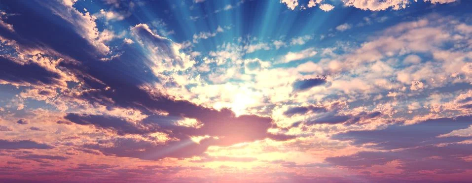 Sunset / sunrise with clouds, light rays and other atmospheric effect, 3d ill Stock Illustration