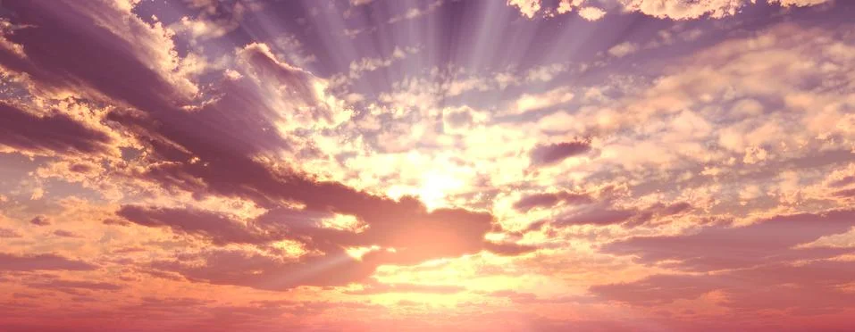 Sunset / sunrise with clouds, light rays and other atmospheric effect, 3d ill Stock Illustration