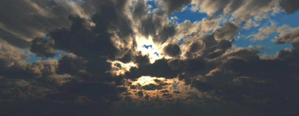 Sunset / sunrise with clouds, light rays and other atmospheric effect, 3d ill Illustrazione stock