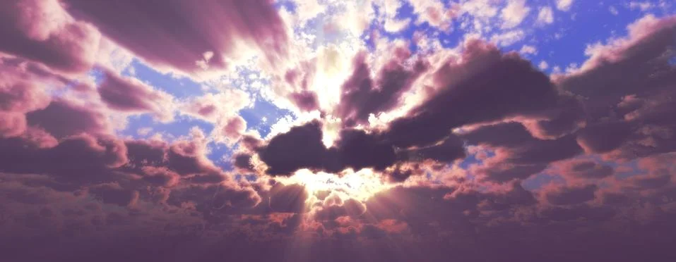 Sunset / sunrise with clouds, light rays and other atmospheric effect, 3d ill Illustrazione stock