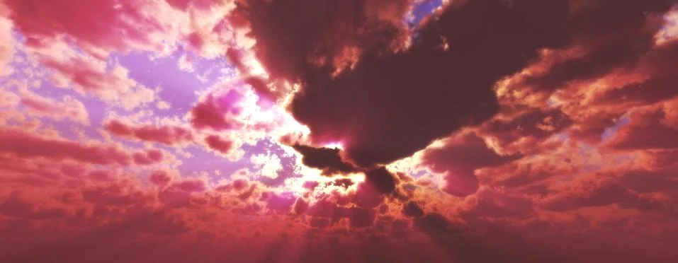Sunset / sunrise with clouds, light rays and other atmospheric effect, 3d ill Stock Illustration