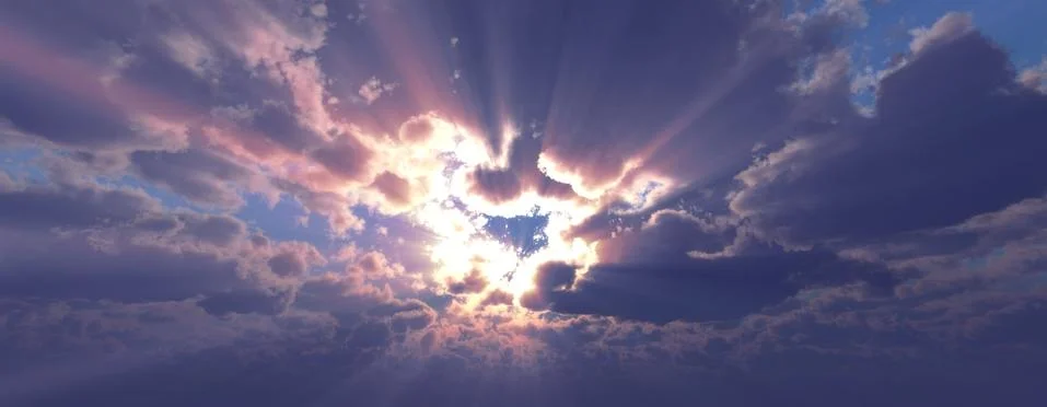Sunset / sunrise with clouds, light rays and other atmospheric effect, 3d ill Illustrazione stock