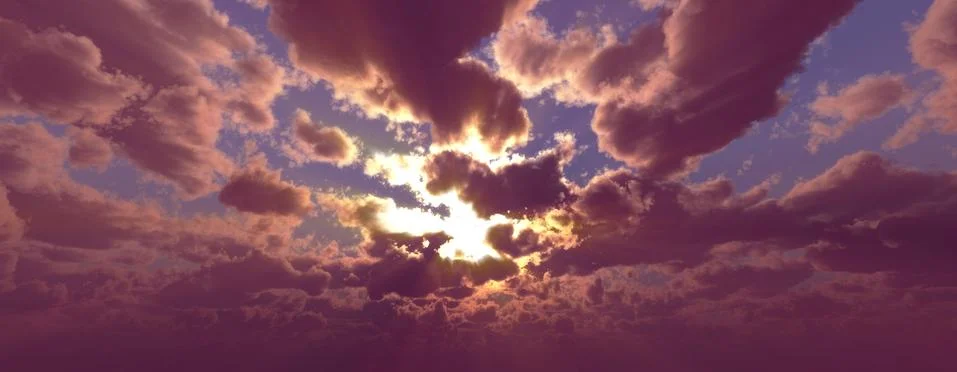 Sunset / sunrise with clouds, light rays and other atmospheric effect, 3d ill Illustrazione stock