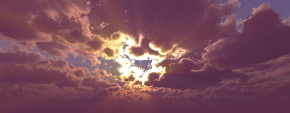 Sunset / sunrise with clouds, light rays and other atmospheric effect, 3d ill Illustrazione stock