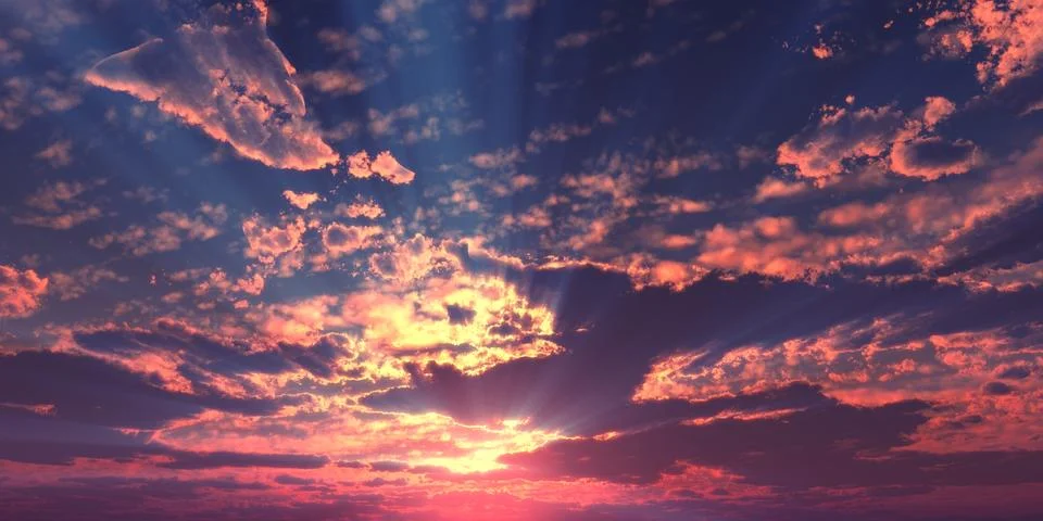 Sunset / sunrise with clouds, light rays and other atmospheric effect, 3d ill Stock Illustration