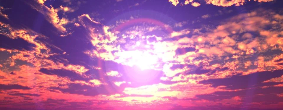 Sunset / sunrise with clouds, light rays and other atmospheric effect, 3d ill Stock Illustration