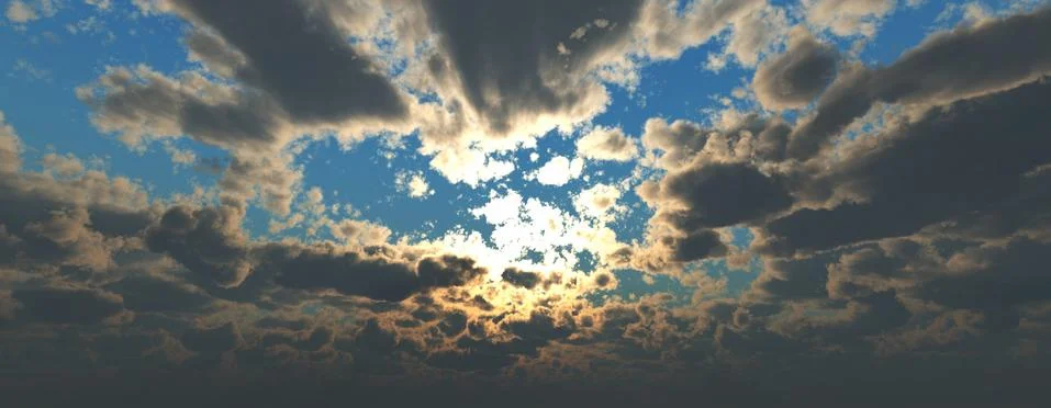 Sunset / sunrise with clouds, light rays and other atmospheric effect, 3d ill Stock Illustration
