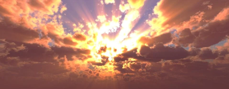 Sunset / sunrise with clouds, light rays and other atmospheric effect, 3d ill Stock Illustration