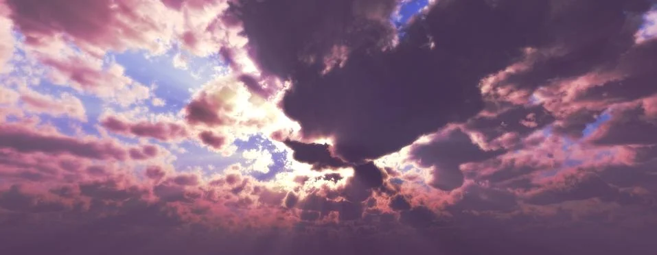 Sunset / sunrise with clouds, light rays and other atmospheric effect, 3d ill Stock Illustration