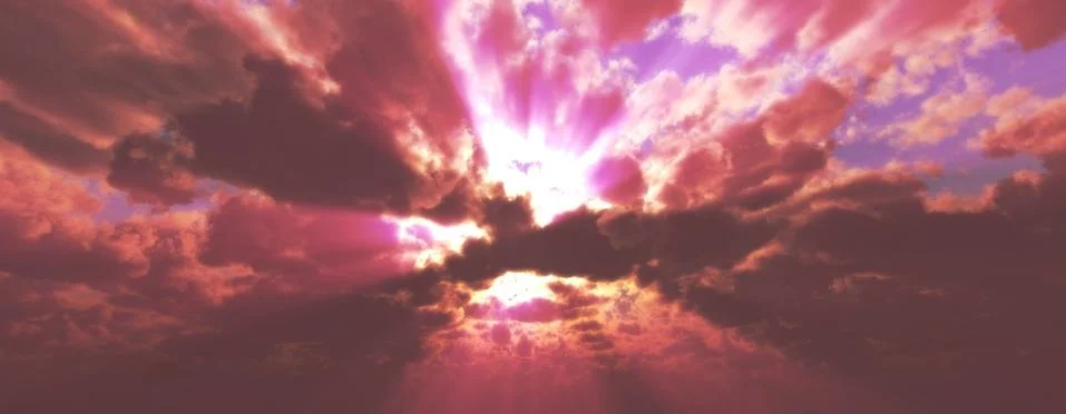 Sunset / sunrise with clouds, light rays and other atmospheric effect, 3d ill Stock Illustration