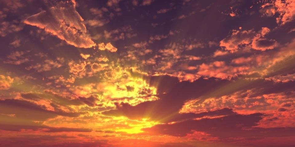 Sunset / sunrise with clouds, light rays and other atmospheric effect, 3d ill 스톡 일러스트