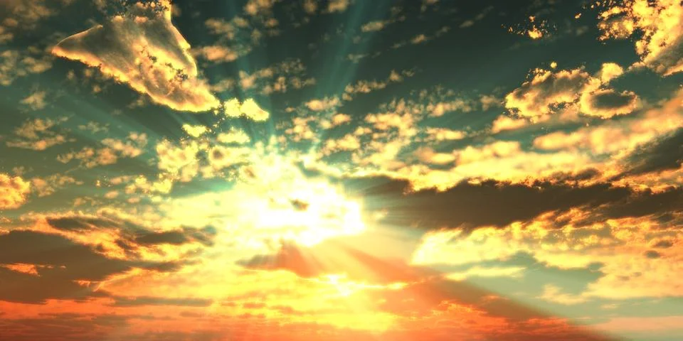Sunset / sunrise with clouds, light rays and other atmospheric effect, 3d ill Stock Illustration