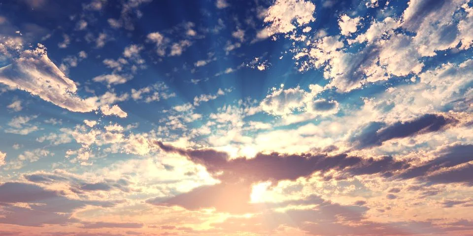 Sunset / sunrise with clouds, light rays and other atmospheric effect, 3d ill Stock Illustration