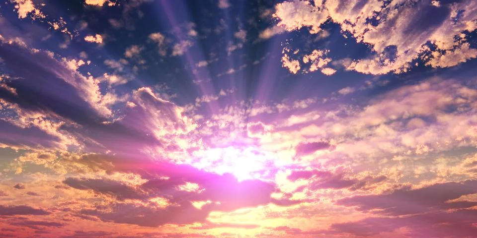 Sunset / sunrise with clouds, light rays and other atmospheric effect, 3d ill Stock Illustration