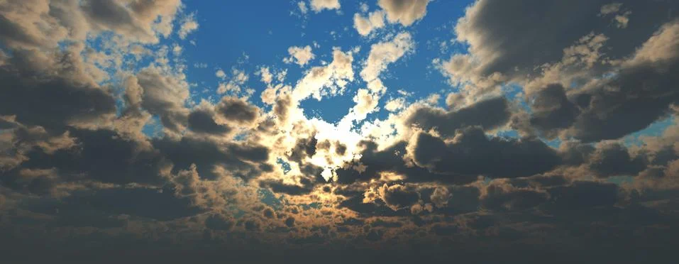 Sunset / sunrise with clouds, light rays and other atmospheric effect, 3d ill 스톡 일러스트