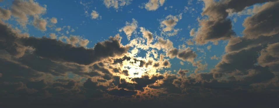 Sunset / sunrise with clouds, light rays and other atmospheric effect, 3d ill Stock Illustration