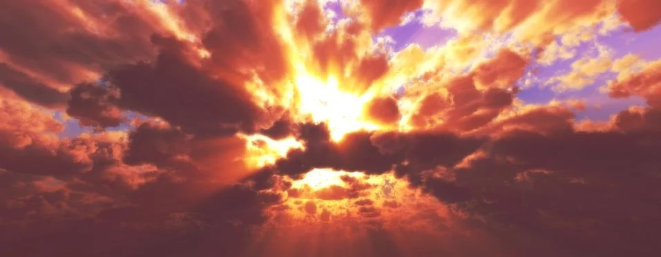 Sunset / sunrise with clouds, light rays and other atmospheric effect, 3d ill Stock Illustration