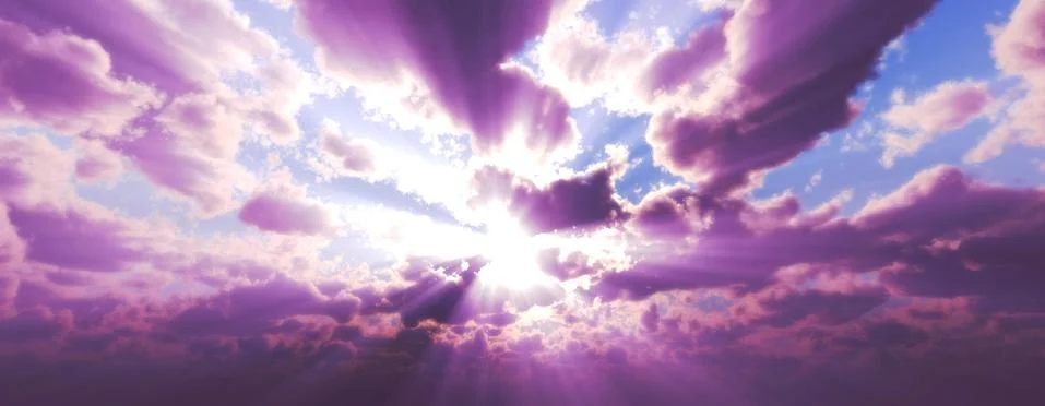 Sunset / sunrise with clouds, light rays and other atmospheric effect, 3d ill Stock Illustration