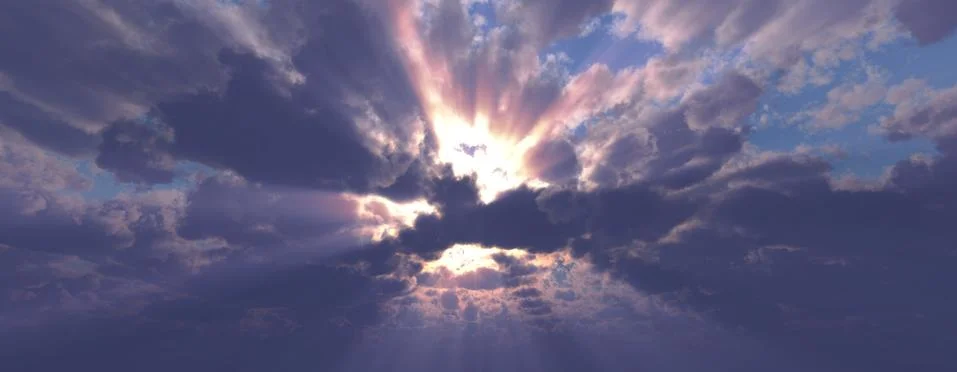 Sunset / sunrise with clouds, light rays and other atmospheric effect, 3d ill Stock Illustration