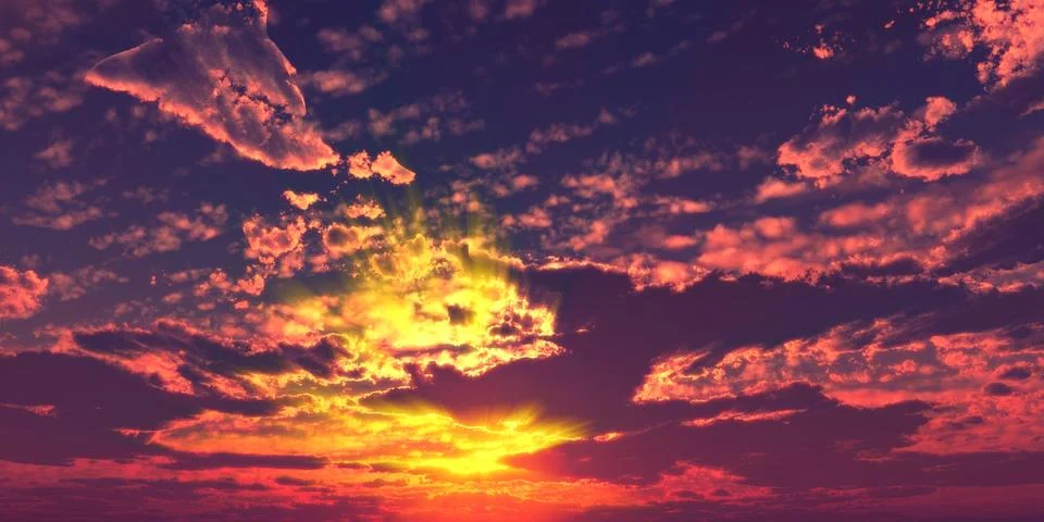 Sunset / sunrise with clouds, light rays and other atmospheric effect, 3d ill 스톡 일러스트