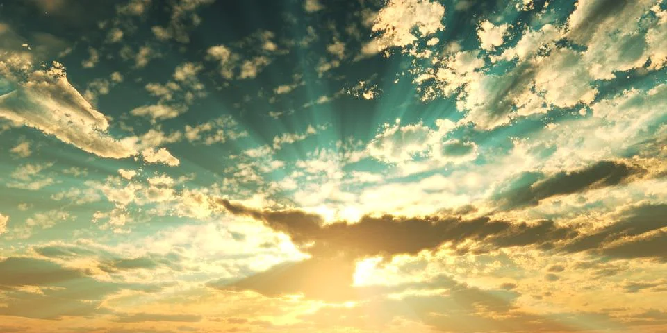 Sunset / sunrise with clouds, light rays and other atmospheric effect, 3d ill Stock Illustration