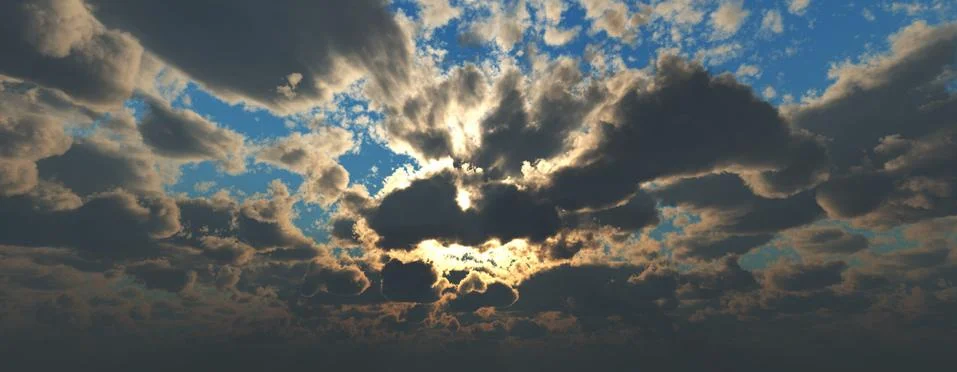 Sunset / sunrise with clouds, light rays and other atmospheric effect, 3d ill Stock Illustration
