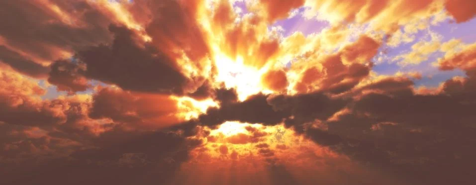Sunset / sunrise with clouds, light rays and other atmospheric effect, 3d ill Stock Illustration
