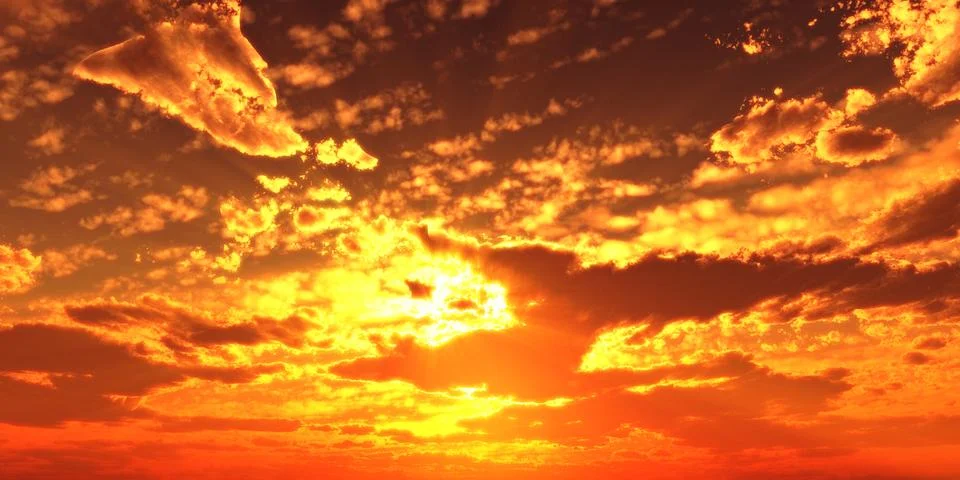 Sunset / sunrise with clouds, light rays and other atmospheric effect, 3d ill Illustrazione stock